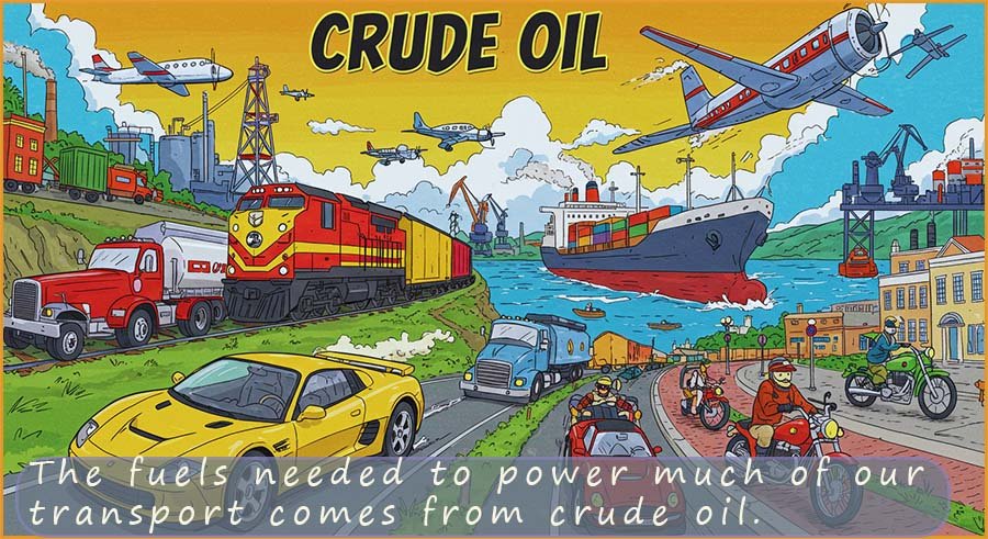 Montage showing much of our transport system uses fuels obtained from crude oil.